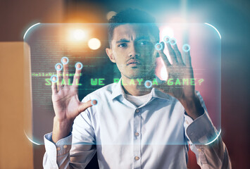 Aufkleber - Futuristic, hologram and touch screen, man in future technology and digital overlay on data in virtual reality. Hands on biometric cyber security business, innovation and ux design user in vr office.