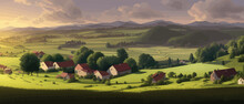 Morning In A Village House On A Hill And Lush Grass. Cartoon Picture Of Rural Scene In Spring Or Summer, Rural Landscapes - Agricultural Fields, Green Hills In Spring Vector Illustration