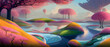 Surreal landscape with abstract colorful multicolored trees and clouds, melting islands near the ground. Vector illustration, dreamy surreal fantasy landscape, vegetation lush flowers, pastel colors