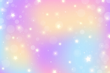 Rainbow pastel background. Unicorn sky with glittering sky. Candy galaxy with watercolor light texture. Girly cute magic wallpaper. Holographic vector abstract illustration.