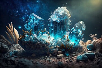 Canvas Print - magical natural blue quartz crystals shooting out of earth, created with generative ai