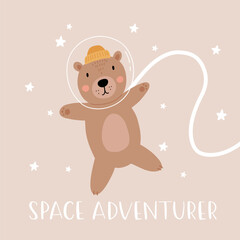 Wall Mural - Space adventure brown bear. Cartoon bear, hand drawing lettering, decor elements. Pastel vector illustration for kids. Scandinavian flat style. baby design for cards, posters, t-shirt print.