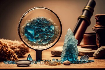 Sticker - string of blue quartz stand on light brown table next to magnifying glass and minerals crystals, created with generative ai