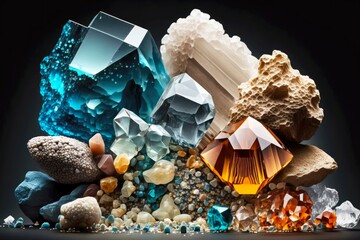 Wall Mural - many small and large fragments of different minerals with crystals, created with generative ai