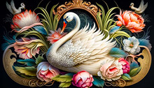 AI Generative Illustration Of A Creative Photo Of A  Graceful Swan And Flowers A 3D Wallpaper Design
