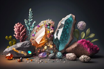 Wall Mural - beautiful multicolored stones and minerals crystals on gray background, created with generative ai