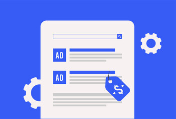 Poster - Cost per click advertising automation. Search engine window with contextual text ads, price tag icon with dollar and arrows. AI-based pricing concept for online advertising and cpc marketing visuals