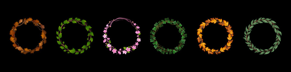Poster - set of round avatar frames decorated with flowers and foliage isolated on dark background. vector ca
