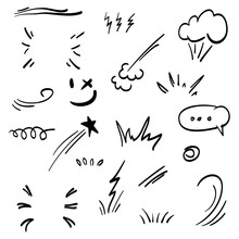 Doodle Set Cartoon Expressions Effects. Hand Drawn Emoticon Effects Design Elements. Vector Illustration