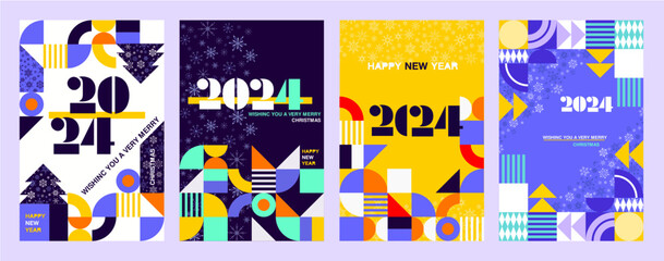 Merry Christmas, 2024 new year templates set, colorful geometric background, vector illustration for greeting, invitation, web and banner.