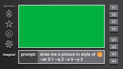 Green screen for Text-to-image Prompt engineering of AI art images. Mock application based on Midjourney.