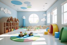 Interior Of Modern Kindergarten Classroom: Empty. Photo Generative AI