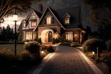 Modern Suburban House With Paved Walkways And Pathways In Garden Exterior Of A Classic House At Night, Created With Generative Ai