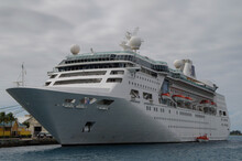 Modern White Royal Caribbean Cruiseship Or Cruise Ship Liner Empress In Port Of Nassau, Bahamas During Caribbean Cruising To Tropical Islands For Dream Holiday Vacation	
