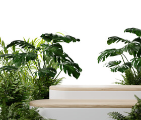 Wall Mural - tropical green cosmetic podium or dais stage and nature green leaves. jungle green podium stand product scene green nature jungle background. 3d podium stage render jungle tropical style