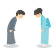 Vector cartoon Japanese children in kimono bowed to each other.