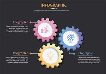 Poster - vector infographic with 3 gear shapes showing up to 3 steps or 3 sequences on black gray background 