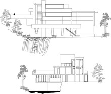 Vector Sketch Of Illustration Of Modern Minimalist Home Design By Frank Lloyd Wright