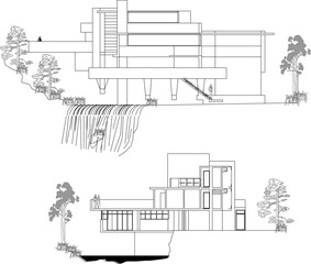 Wall Mural - Vector sketch of illustration of modern minimalist home design by frank lloyd wright
