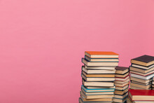 Many Books On A Pink Background In The Library In The Office Of Science Knowledge Reading