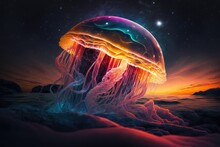 Fantastic Jellyfish In Space Lying On Edge Of Planet In Colors Of Sunset, Created With Generative Ai