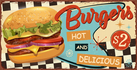 Wall Mural - Vintage Burgers metal sign.Retro poster 1950s style.