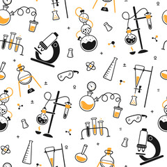Science biology chemical experiment lab seamless pattern. Chemical laboratory equipment. Hand drawn chemical processes. Doodle vector illustration with lab flask, microscope on white background.
