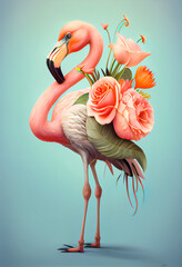 Wall Mural - Exotic summer pink animal, flamingo covered with fresh spring flowers. Tropical background. Abstract animal concept. Illustration, Generative AI.