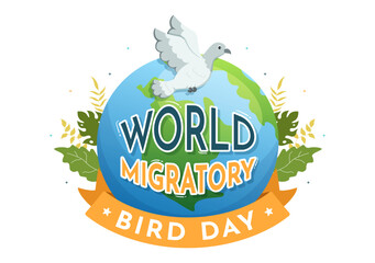 Wall Mural - World Migratory Bird Day on May 8 Illustration with Birds Migrations Groups in Flat Cartoon Hand Drawn for Landing Page Templates