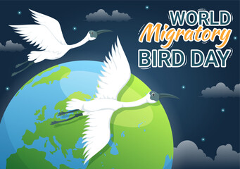 Wall Mural - World Migratory Bird Day on May 8 Illustration with Birds Migrations Groups in Flat Cartoon Hand Drawn for Landing Page Templates