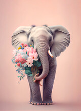 Exotic Summer Big Animal, Elephant With Bouquet Of Fresh Spring Flowers. Tropical Pastel Pink Background. Abstract Love Animal Concept. Illustration, Generative AI.