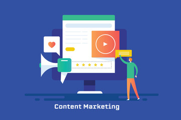 Wall Mural - businessman using content marketing promotion strategy on social media, video advertising audience e