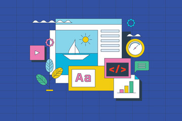 Website optimization content management and web coding loading speed, filled outline vector banner illustration.