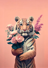 Exotic Summer Wild Animal, Tiger With Bouquet Of Fresh Spring Flowers. Tropical Pastel Pink Background. Abstract Love Animal Concept. Illustration, Generative AI.