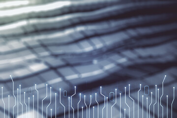 Aufkleber - Abstract virtual microscheme illustration on blurry abstract metal background. Big data and database concept. Multiexposure