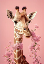 Exotic Summer Wild Animal, Giraffe With Bouquet Of Fresh Spring Flowers. Tropical Pastel Pink Background. Abstract Love Animal Concept. Illustration, Generative AI.