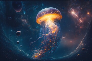 fantastic jellyfish in space floating in cosmos among luminous stars, created with generative ai