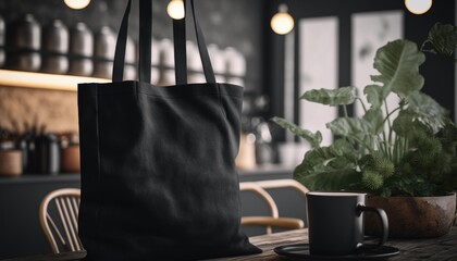 generative ai, realistic black tote canvas fabric bag set-up in at home interior, shopper mock up bl