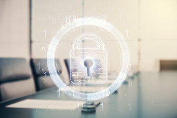 Aufkleber - Virtual creative lock illustration with microcircuit on a modern coworking room background, cyber security concept. Multiexposure