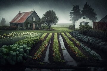 Wall Mural - gloomy rainy day on small field with vegetable gardens, created with generative ai