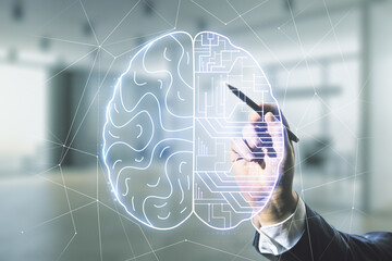 Poster - Double exposure of man hand with pen working with creative human brain microcircuit hologram on blurred office background. Future technology and AI concept