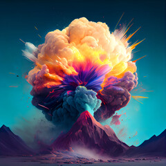 Wall Mural - Abstract colorful landscape of a huge exploding volcano, eruption of vivid colors, smoke and lava. Illustration, Generative AI.