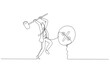 © rina - Cartoon of businessman trying to hit balloons with interest sign. Concept of inflation control. One line art style