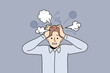 © Dzianis Vasilyeu - Exhausted businessman with chaos and mess in head suffer from nervous breakdown. Tired emotional man struggle with stress and overwork. Vector illustration.