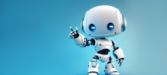 cute friendly mini robot pointing fingers at copy space on blue background. Generative AI