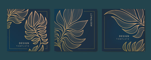 vector set of abstract luxury golden square cards, post templates for social net, leaves botanical m