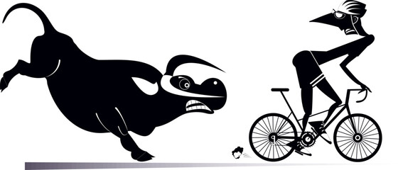 Wall Mural - Angry bull and cyclist man. 
Frightened cyclist man escapes from the angry bull. Black and white illustration
