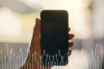 Poster - Double exposure of circuit hologram and hand with cell phone on background. Research and development hardware concept