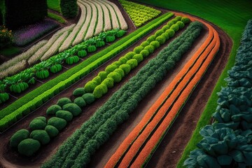 Poster - garden close-up with rows of plants and vegetables in field with vegetable gardens, created with generative ai