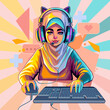 Muslim girl gamer or streamer with cat ears headset sits in front of a computer